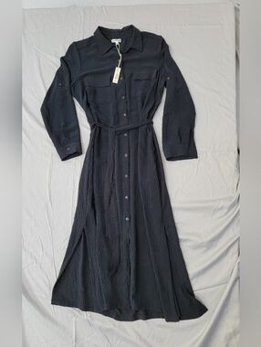Max Studio Dark Blue Belted, Long Sleeve, Button Down, Pockets Shirt Dress, L